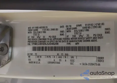 2018 Ford Escape Sel z USA, uszkodzony, nr VIN 1FMCU9HD9JUD46258